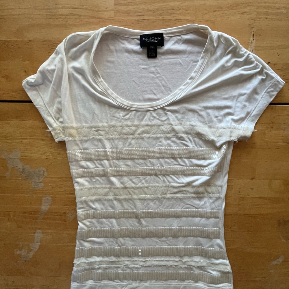 St. John White Short Sleeve Tee with Sequin Accents